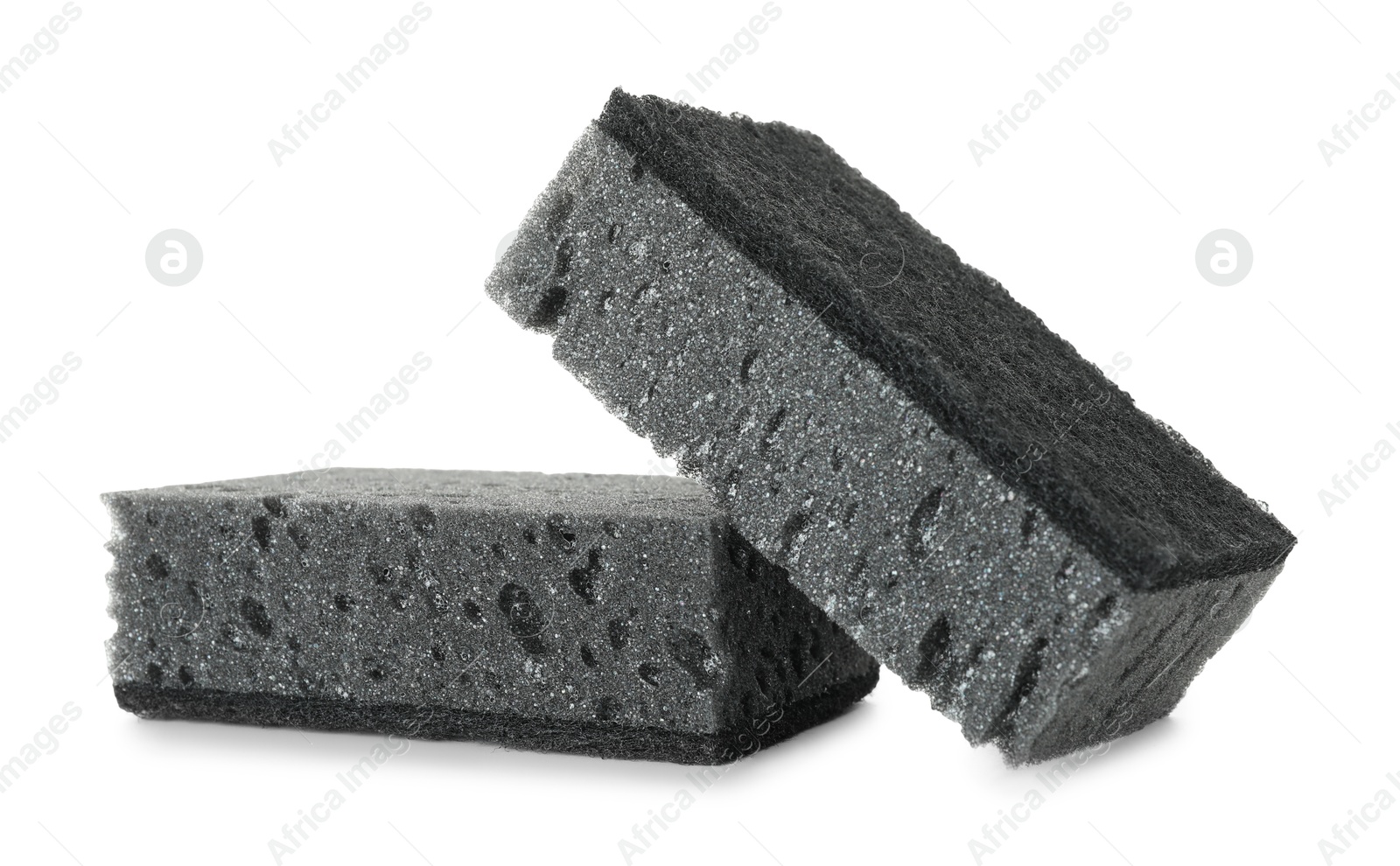 Photo of Two grey sponges isolated on white. Cleaning supply