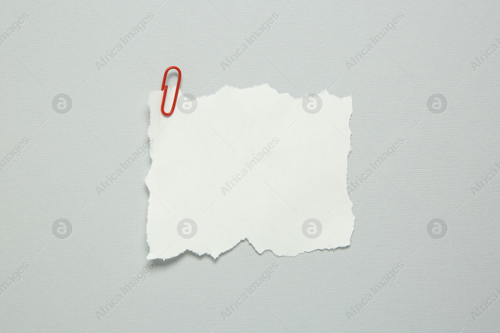 Photo of Blank note and paper clip on light grey background, top view. Space for text