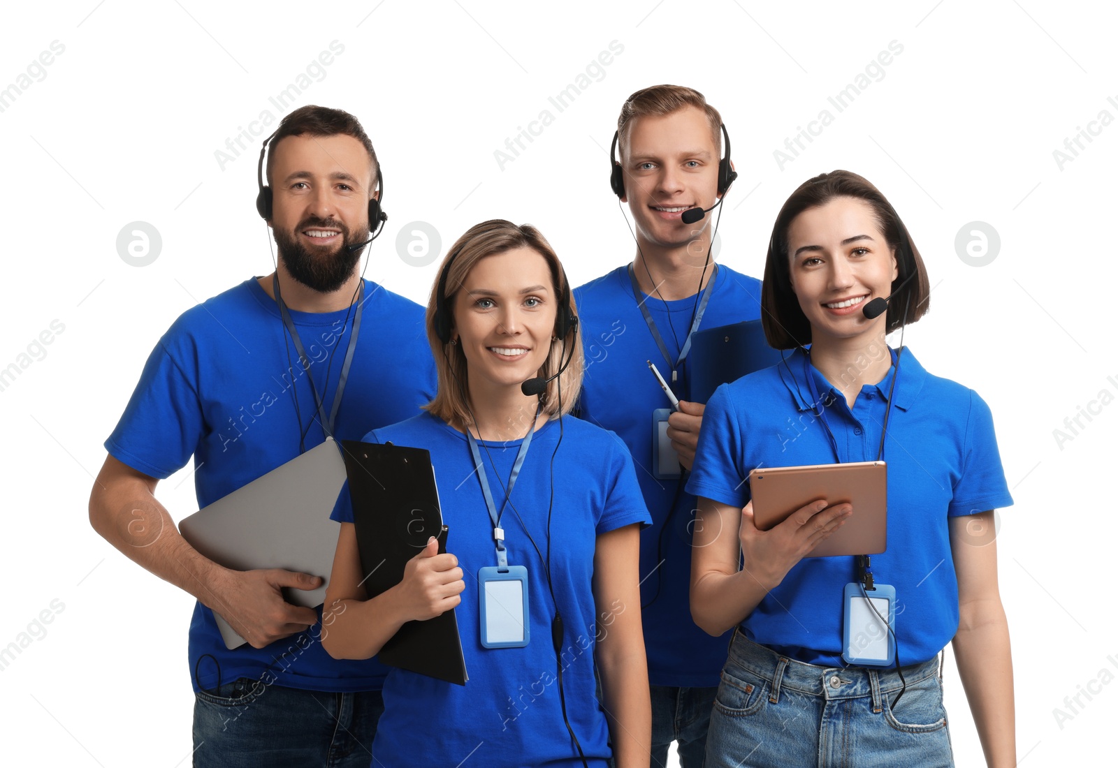 Photo of Technical support call center. Team of friendly operators on white background