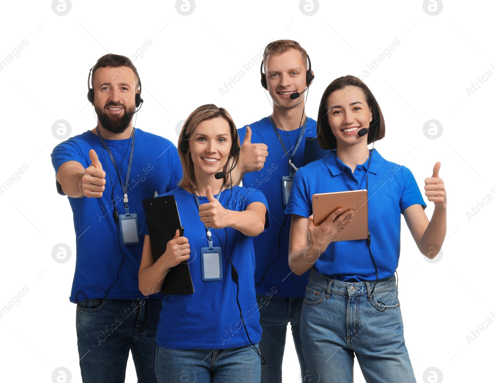 Photo of Technical support call center. Team of friendly operators showing thumbs up on white background