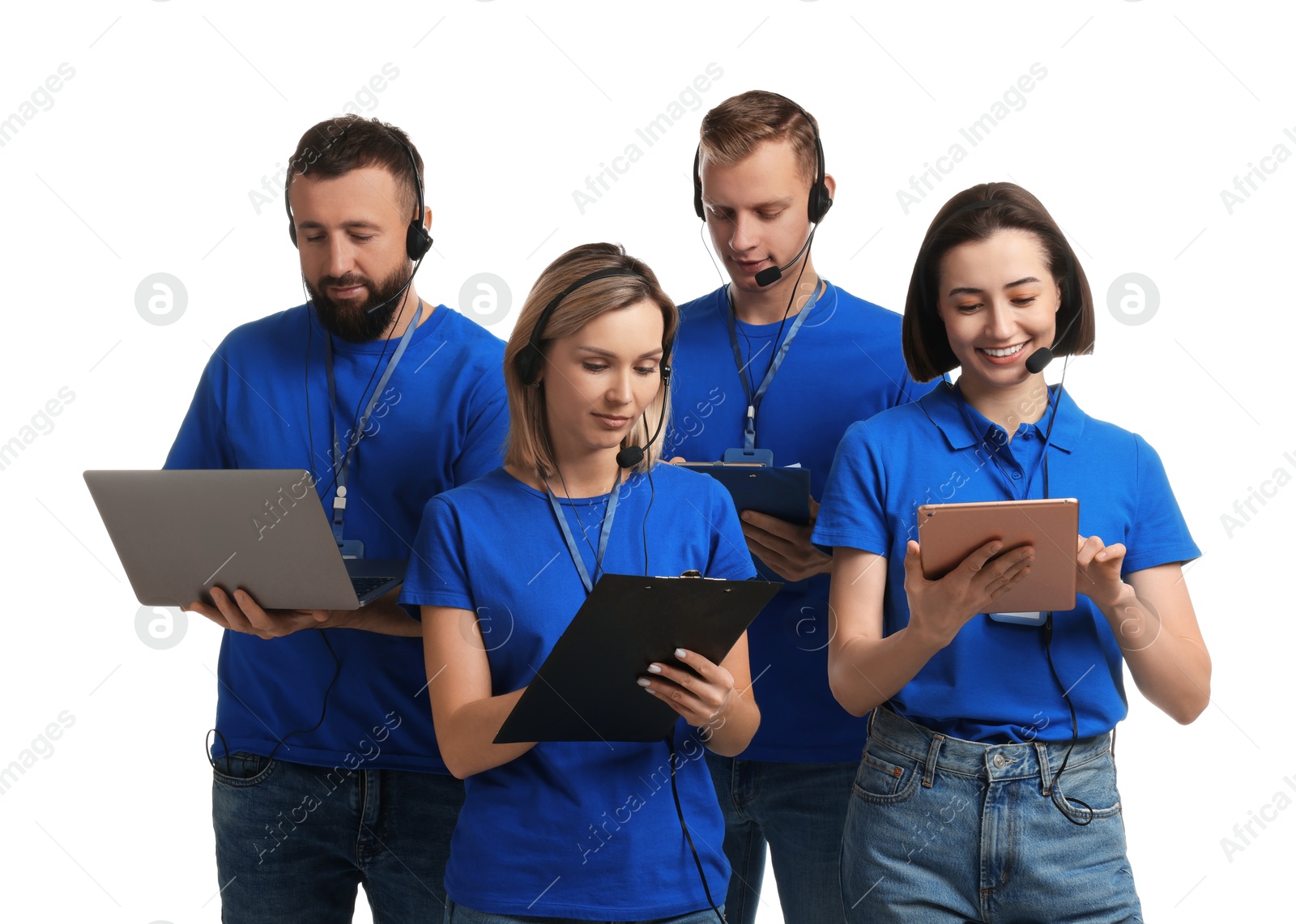 Photo of Technical support call center. Team of friendly operators working on white background