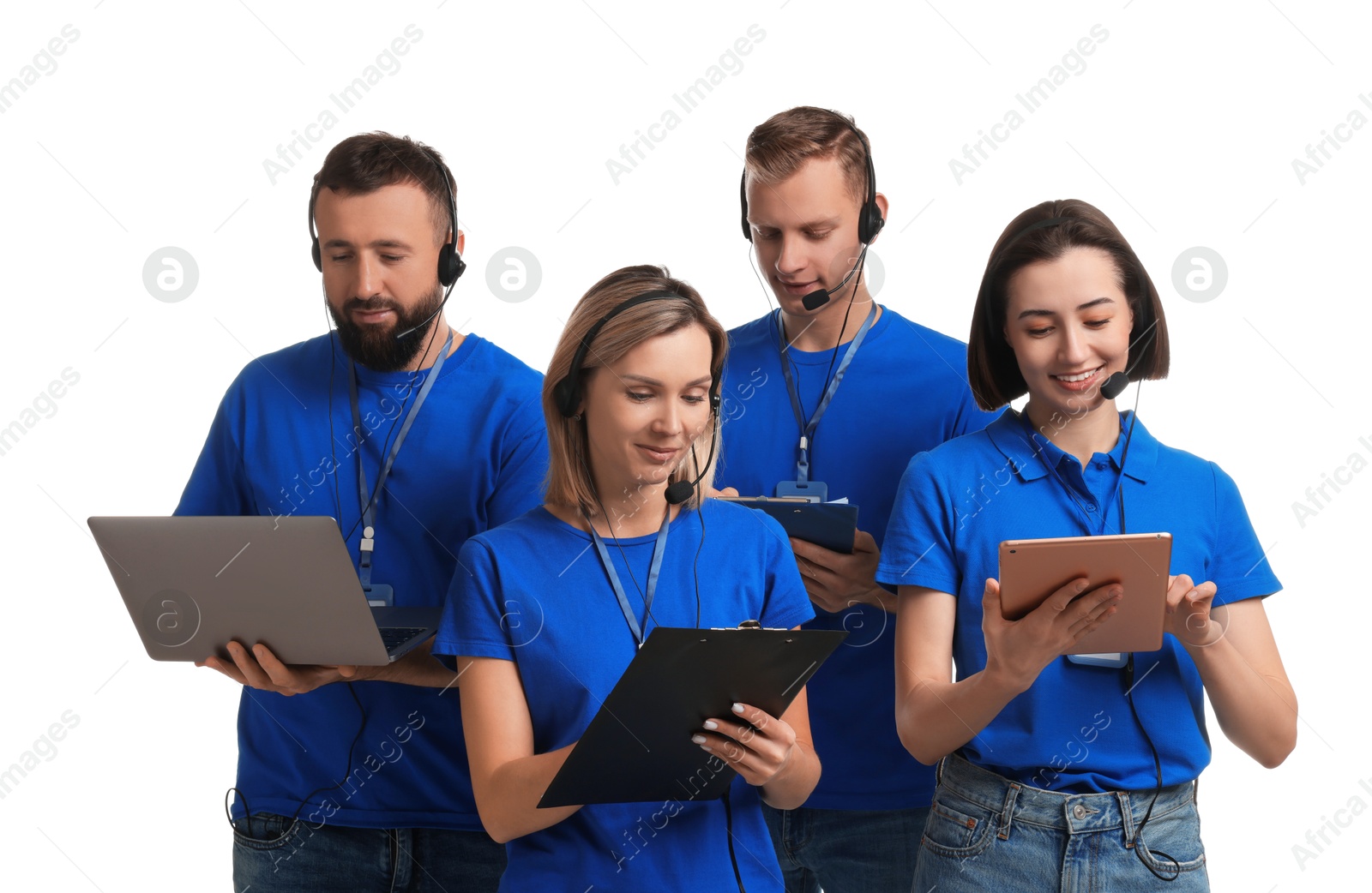 Photo of Technical support call center. Team of friendly operators working on white background