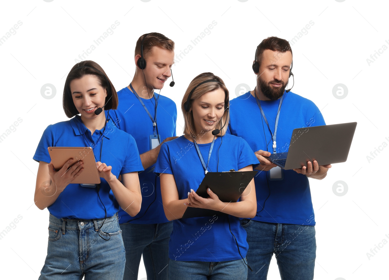 Photo of Technical support call center. Team of friendly operators working on white background