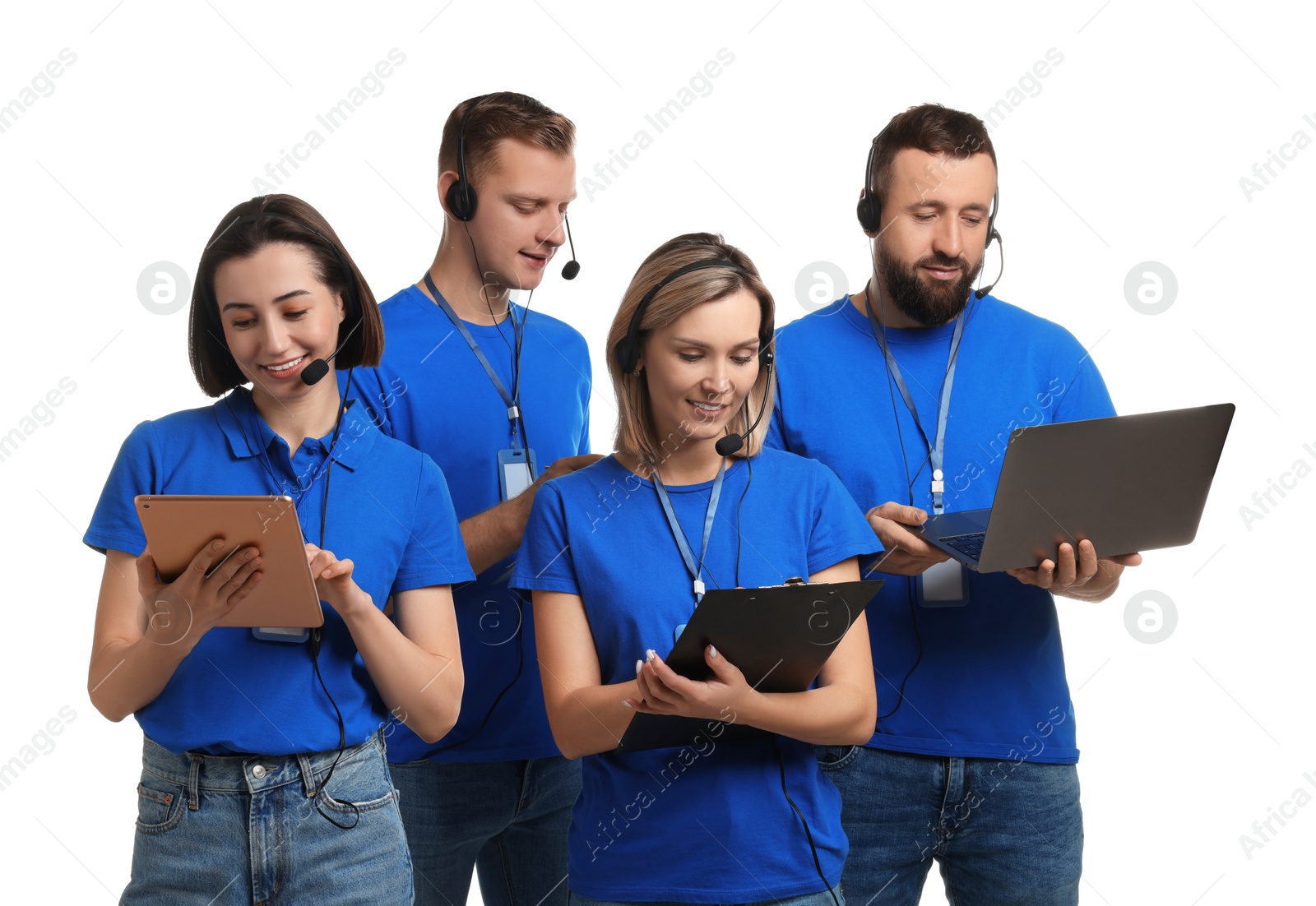 Photo of Technical support call center. Team of friendly operators working on white background