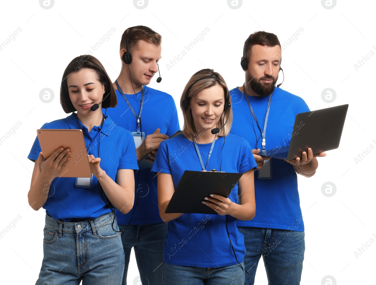 Photo of Technical support call center. Team of friendly operators working on white background