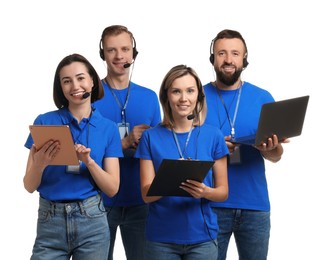 Photo of Technical support call center. Team of friendly operators on white background