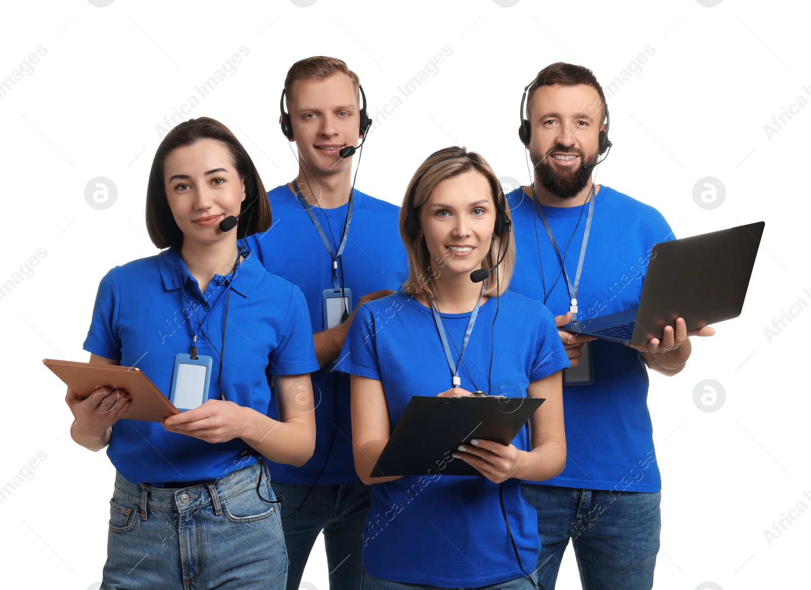 Photo of Technical support call center. Team of friendly operators on white background