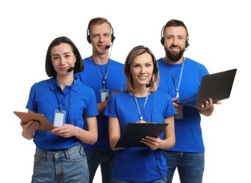 Photo of Technical support call center. Team of friendly operators on white background