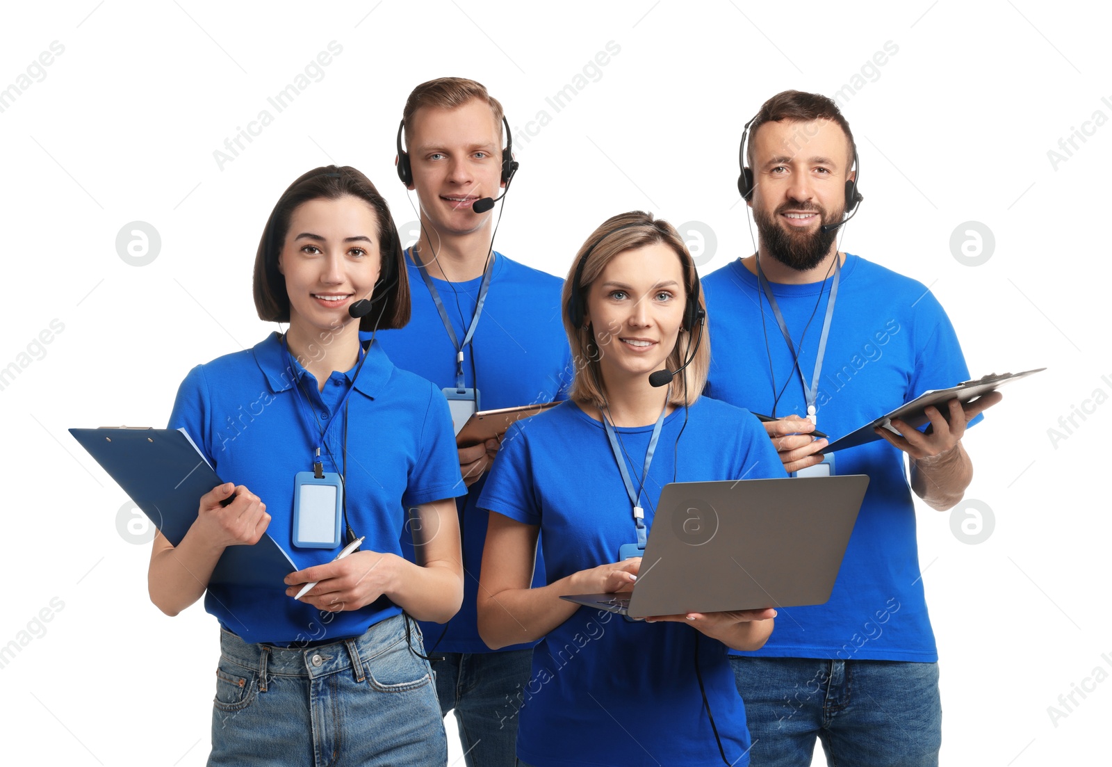 Photo of Technical support call center. Team of friendly operators on white background