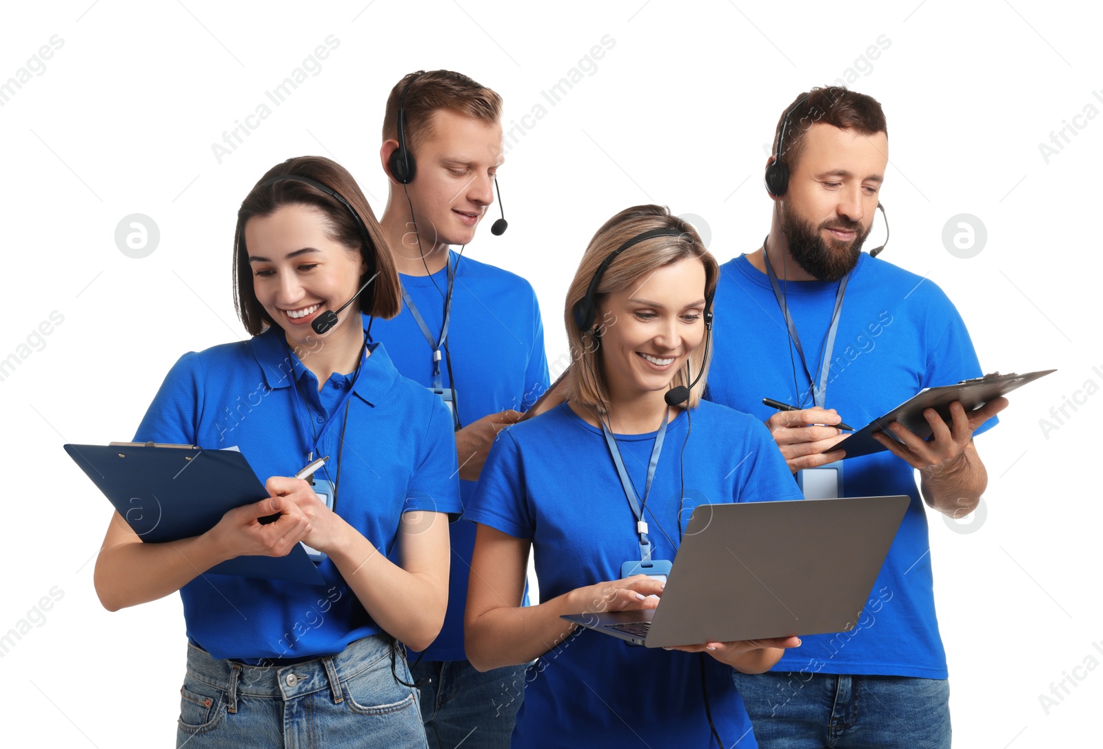 Photo of Technical support call center. Team of friendly operators working on white background