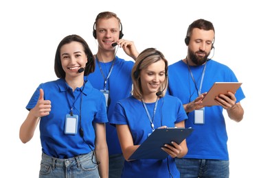 Photo of Technical support call center. Team of friendly operators on white background