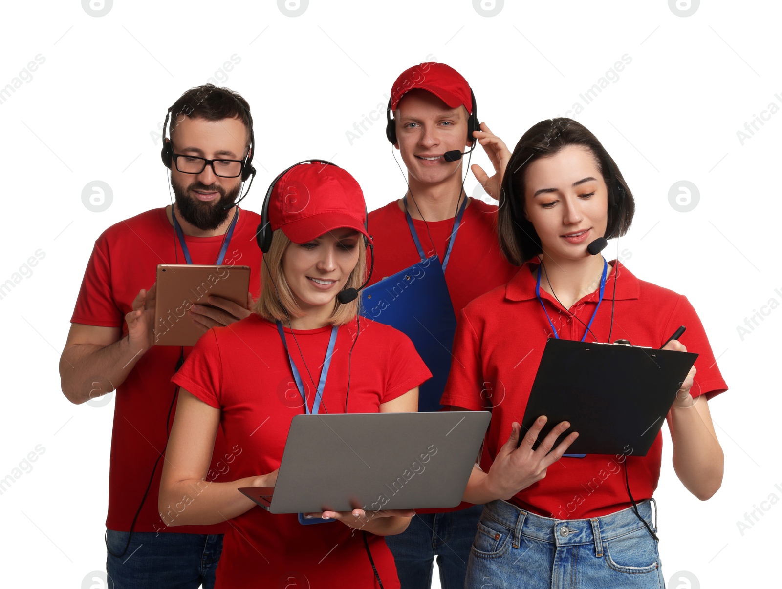 Photo of Technical support call center. Team of friendly operators working on white background