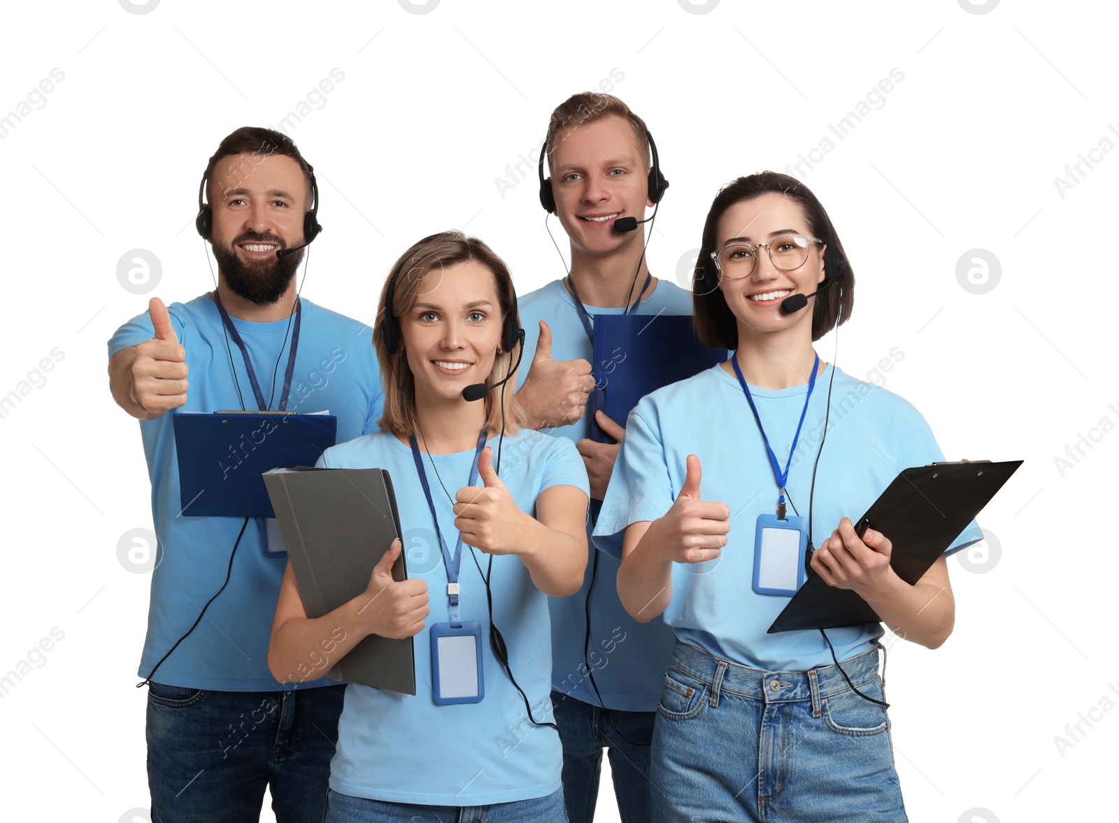 Photo of Technical support call center. Team of friendly operators showing thumbs up on white background