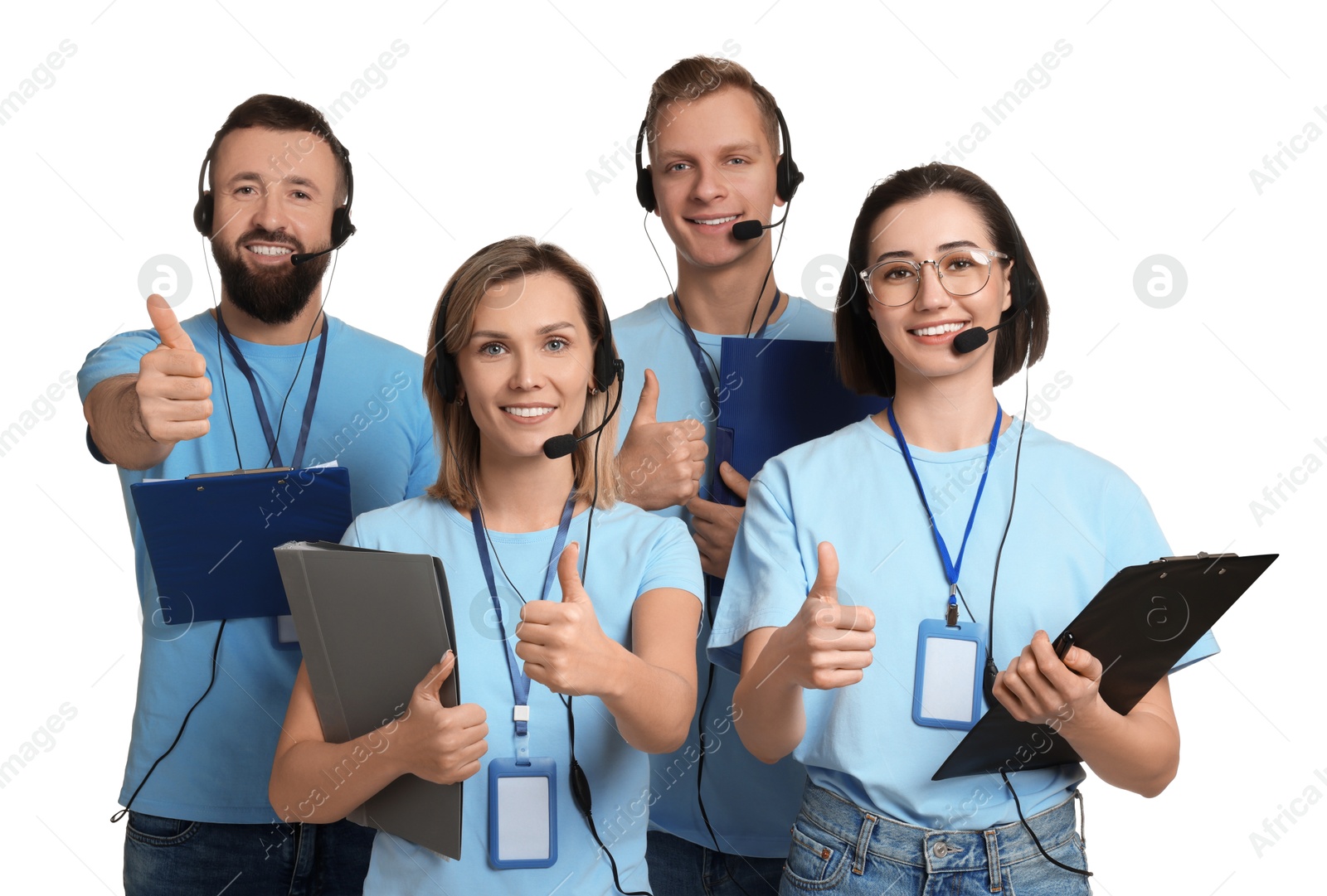 Photo of Technical support call center. Team of friendly operators showing thumbs up on white background