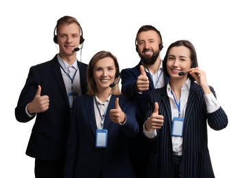 Photo of Technical support call center. Team of friendly operators showing thumbs up on white background