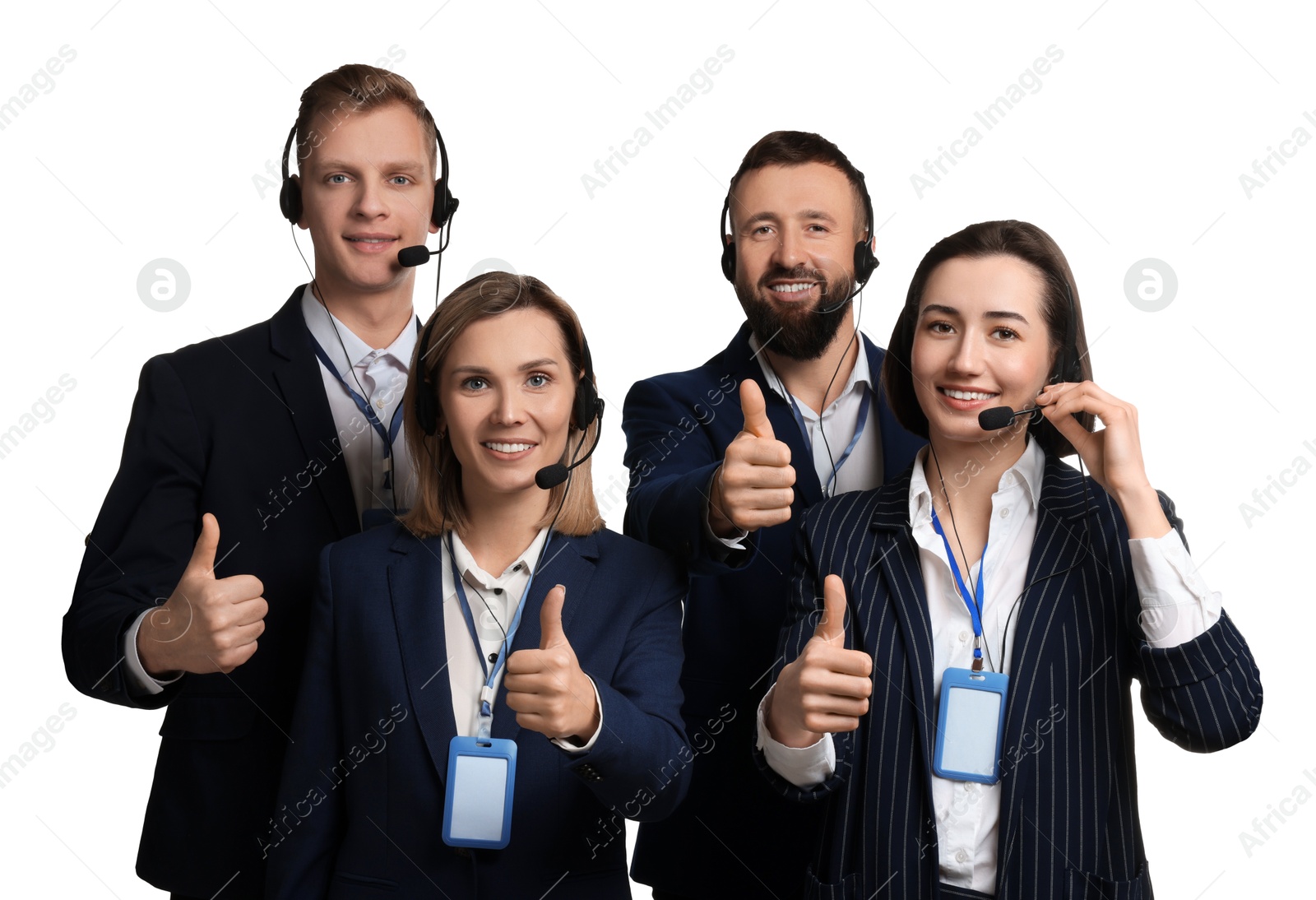 Photo of Technical support call center. Team of friendly operators showing thumbs up on white background