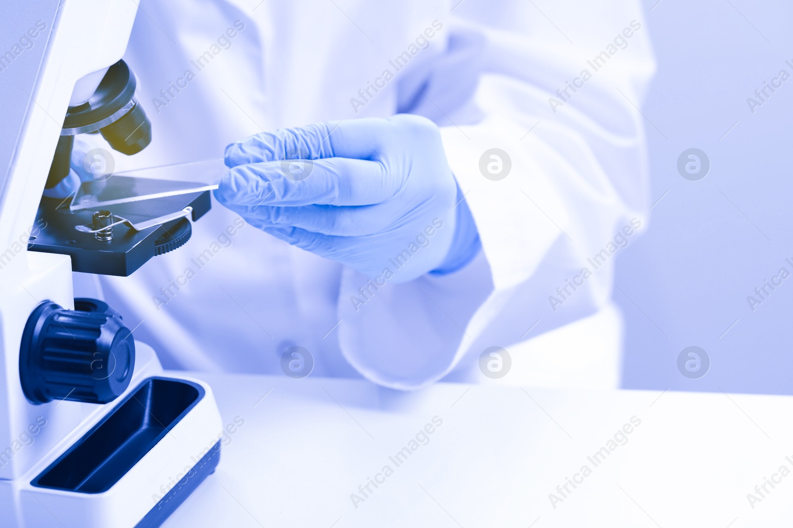 Photo of Scientist working with microscope at table in laboratory, closeup