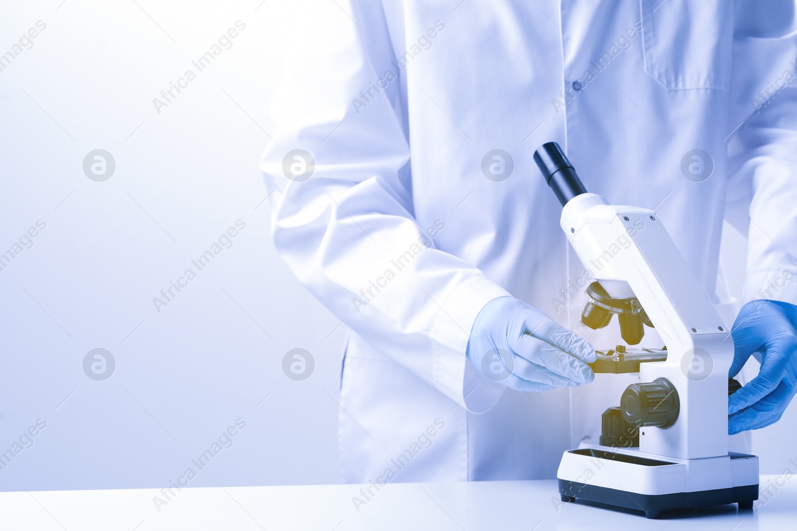 Photo of Scientist working with microscope in laboratory, closeup. Space for text