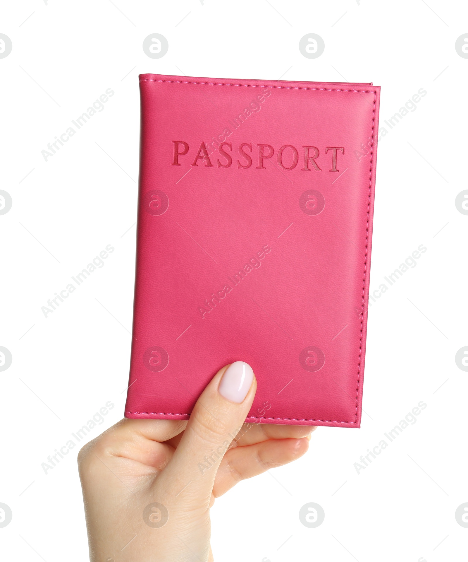 Photo of Woman holding passport in pink cover on white background, closeup