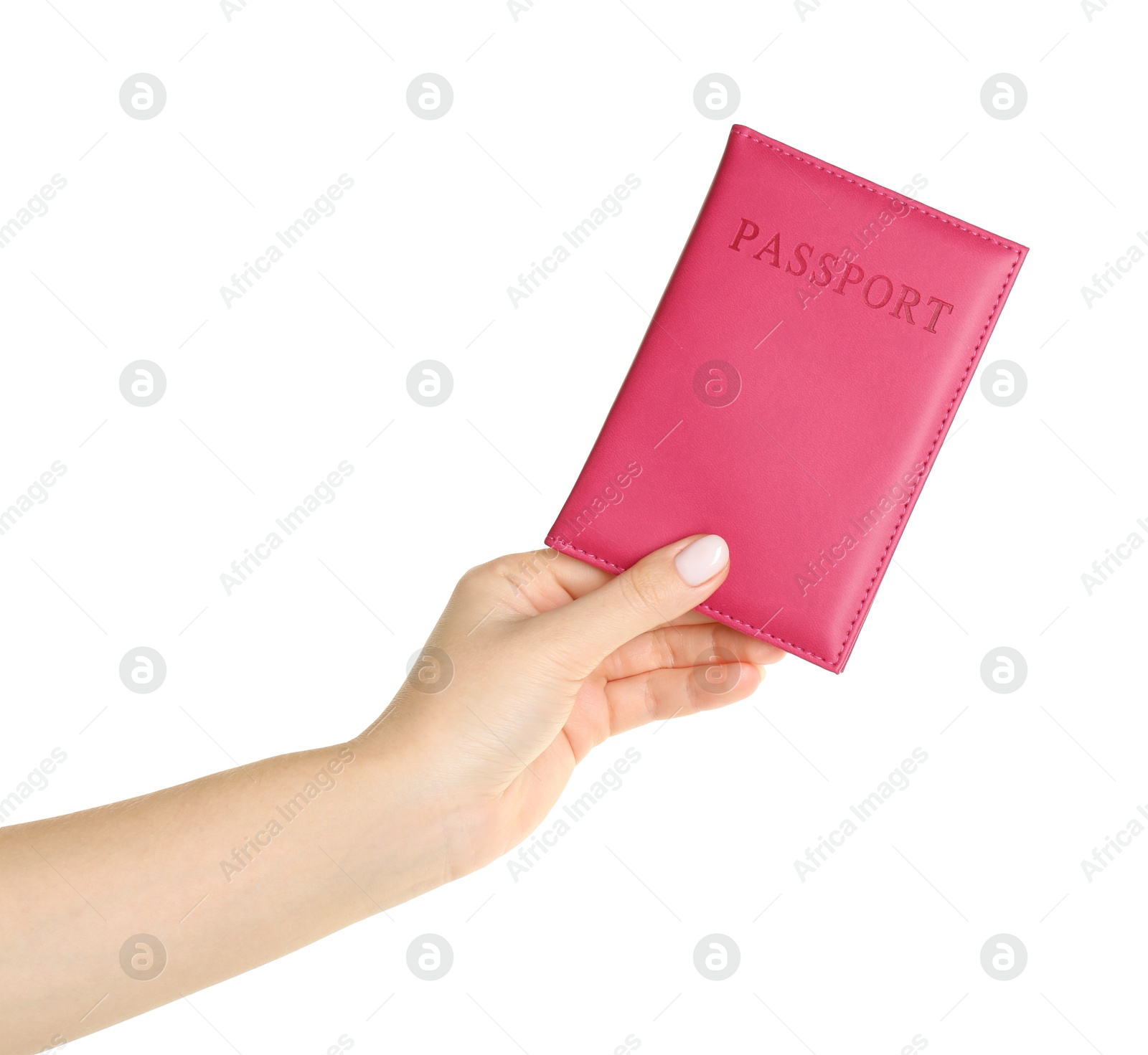 Photo of Woman holding passport in pink cover on white background, closeup