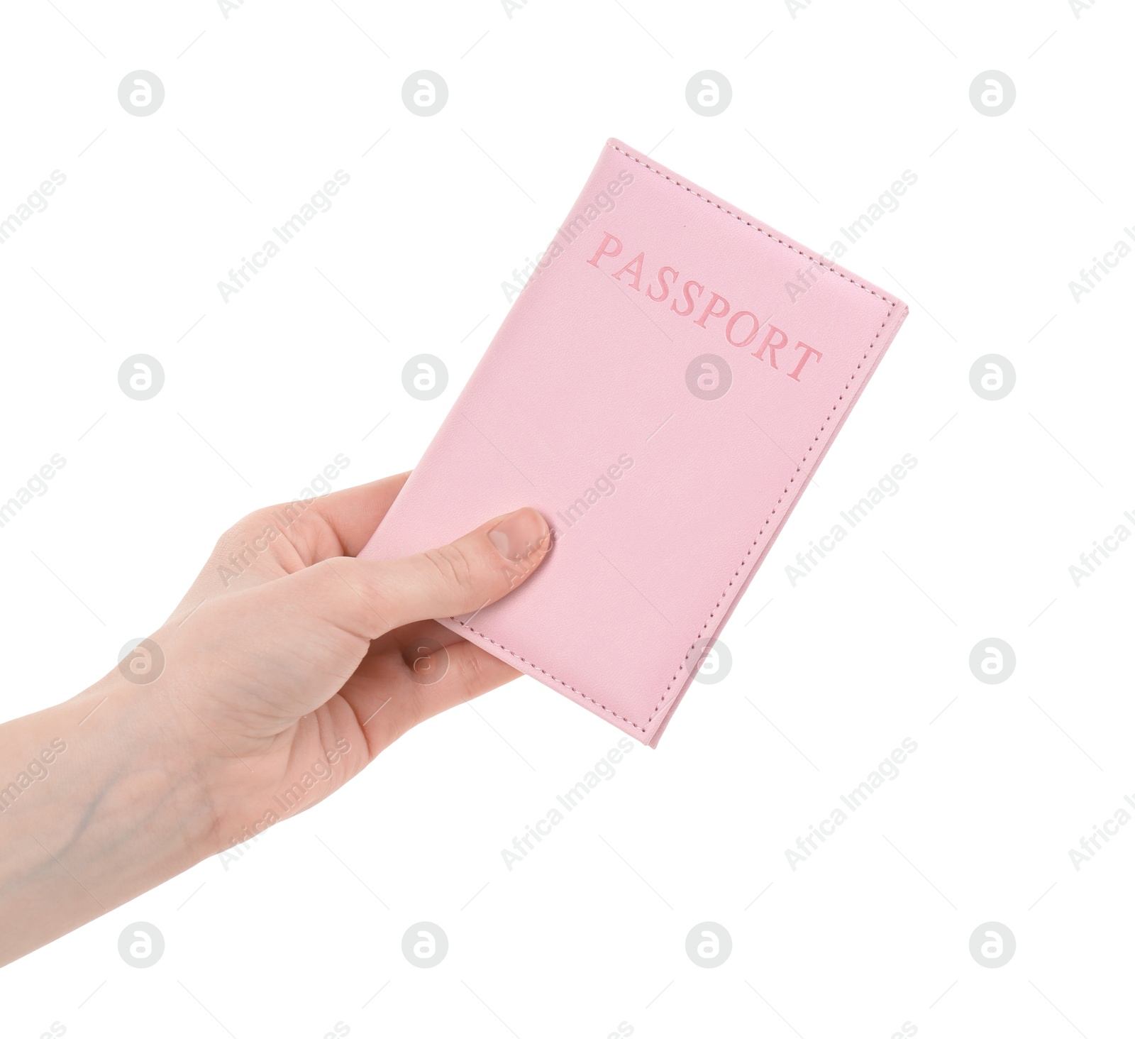 Photo of Woman holding passport in pink cover on white background, closeup