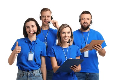 Photo of Technical support call center. Team of friendly operators on white background