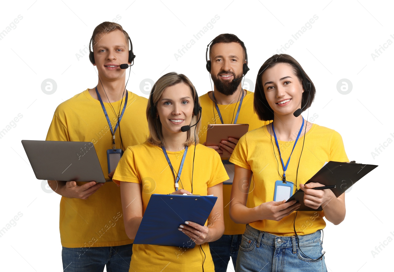 Photo of Technical support call center. Team of friendly operators on white background