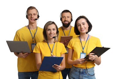 Photo of Technical support call center. Team of friendly operators on white background