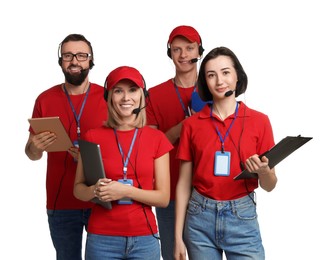 Photo of Technical support call center. Team of friendly operators on white background