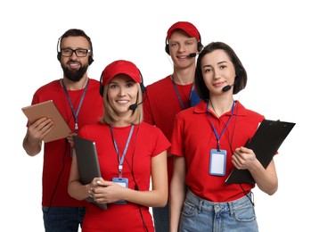 Photo of Technical support call center. Team of friendly operators on white background