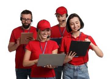 Photo of Technical support call center. Team of friendly operators working on white background