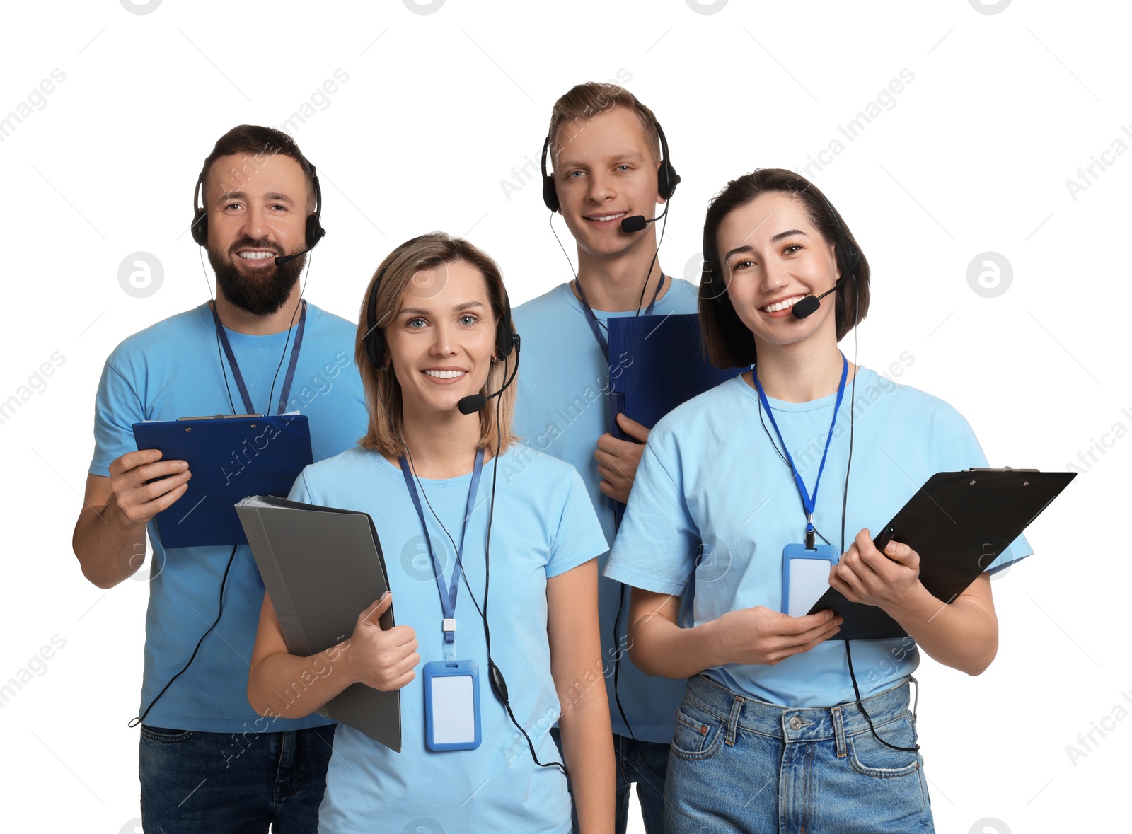 Photo of Technical support call center. Team of friendly operators on white background