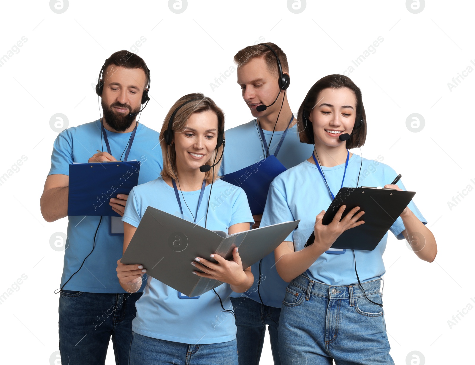 Photo of Technical support call center. Team of friendly operators working on white background