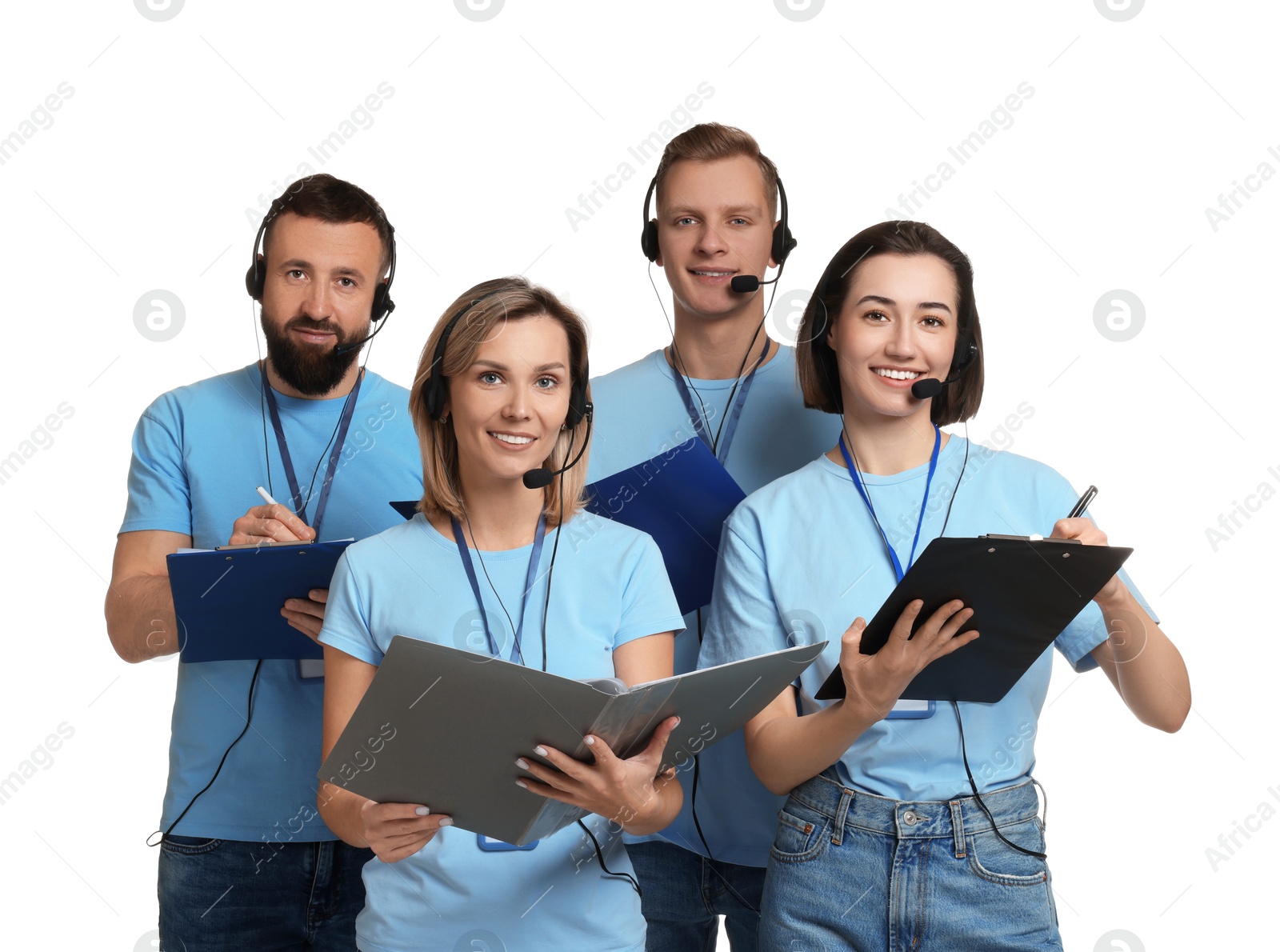 Photo of Technical support call center. Team of friendly operators working on white background