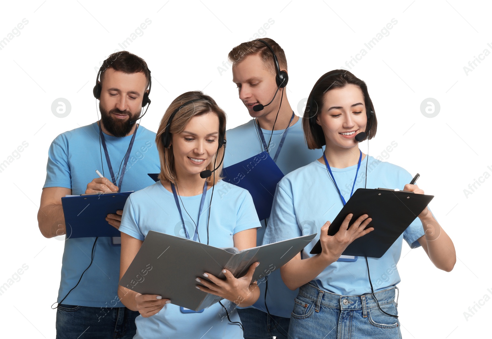 Photo of Technical support call center. Team of friendly operators working on white background