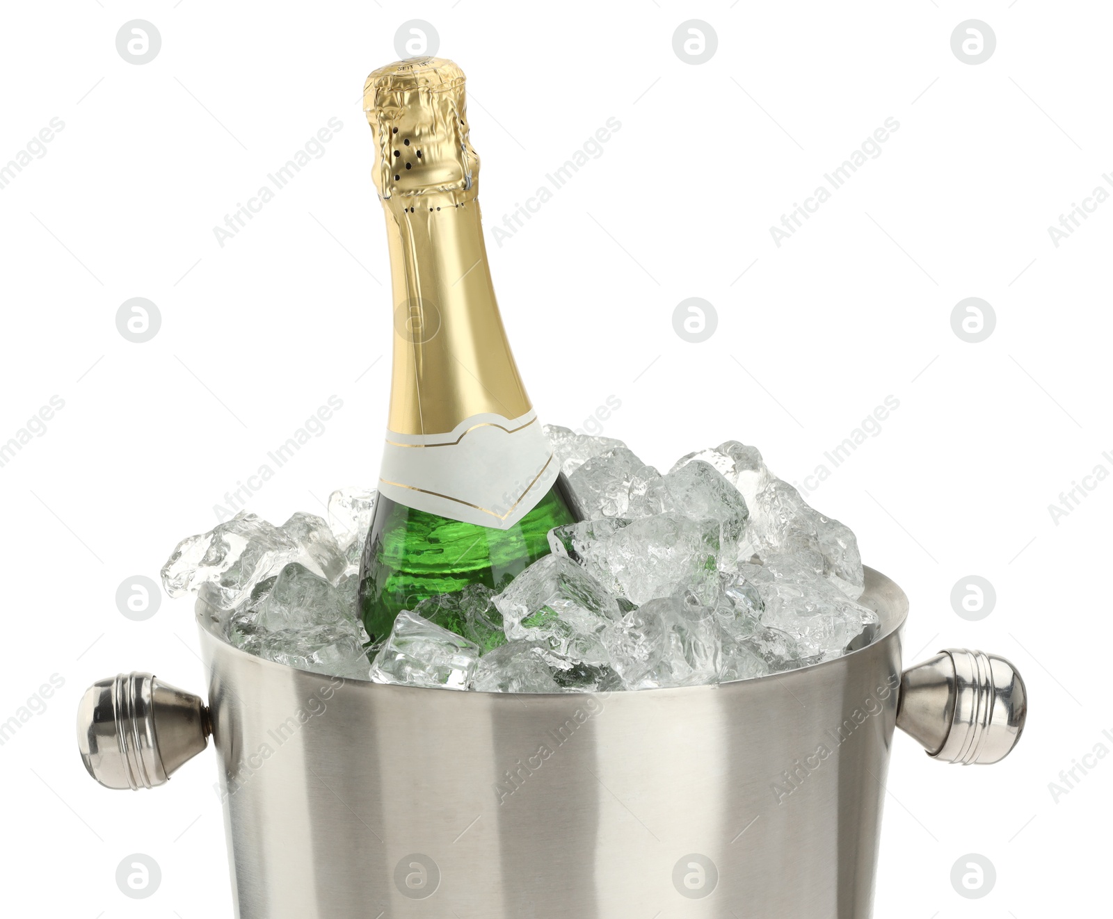 Photo of Bottle of champagne in ice bucket isolated on white