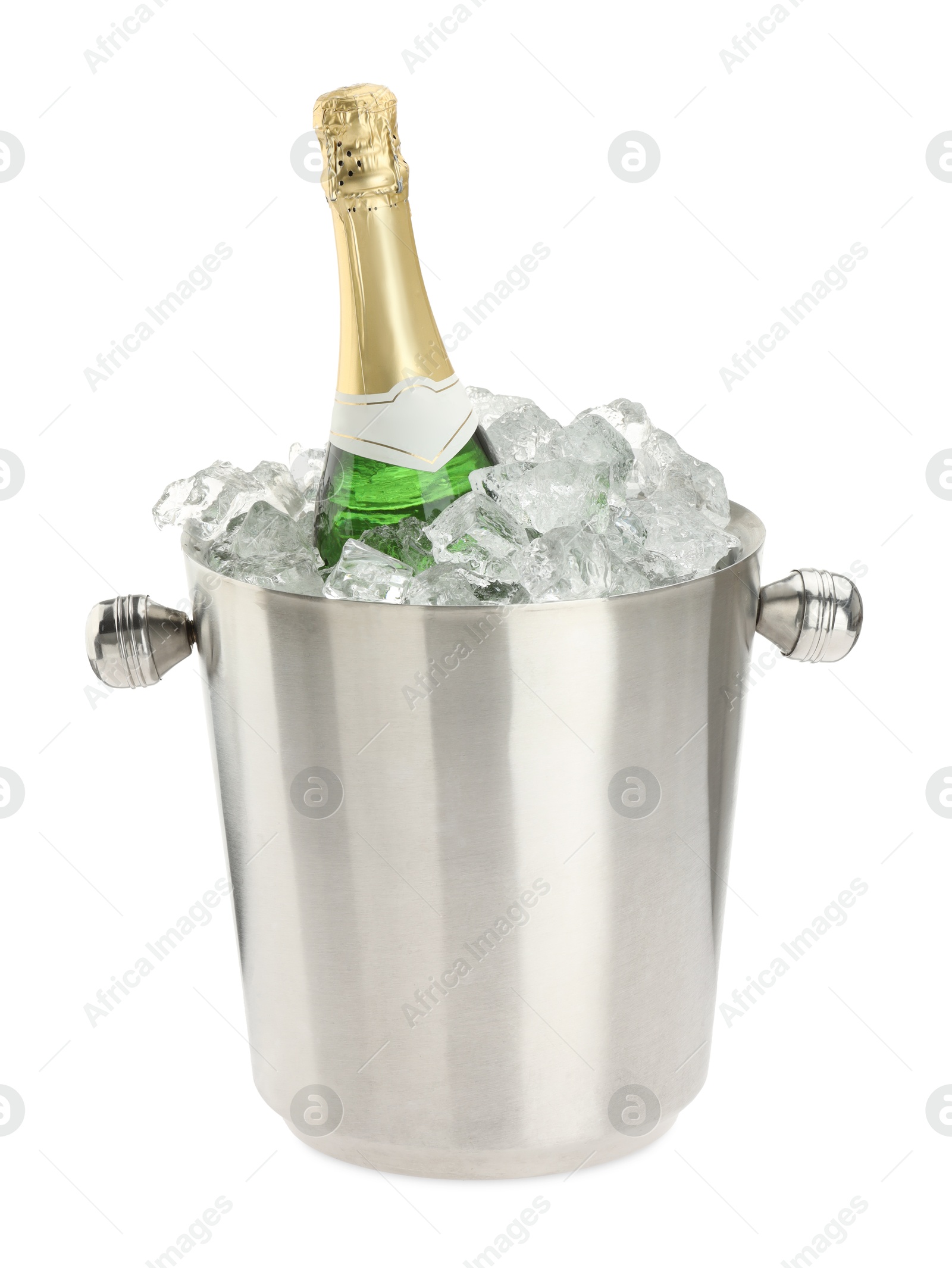 Photo of Bottle of champagne in ice bucket isolated on white