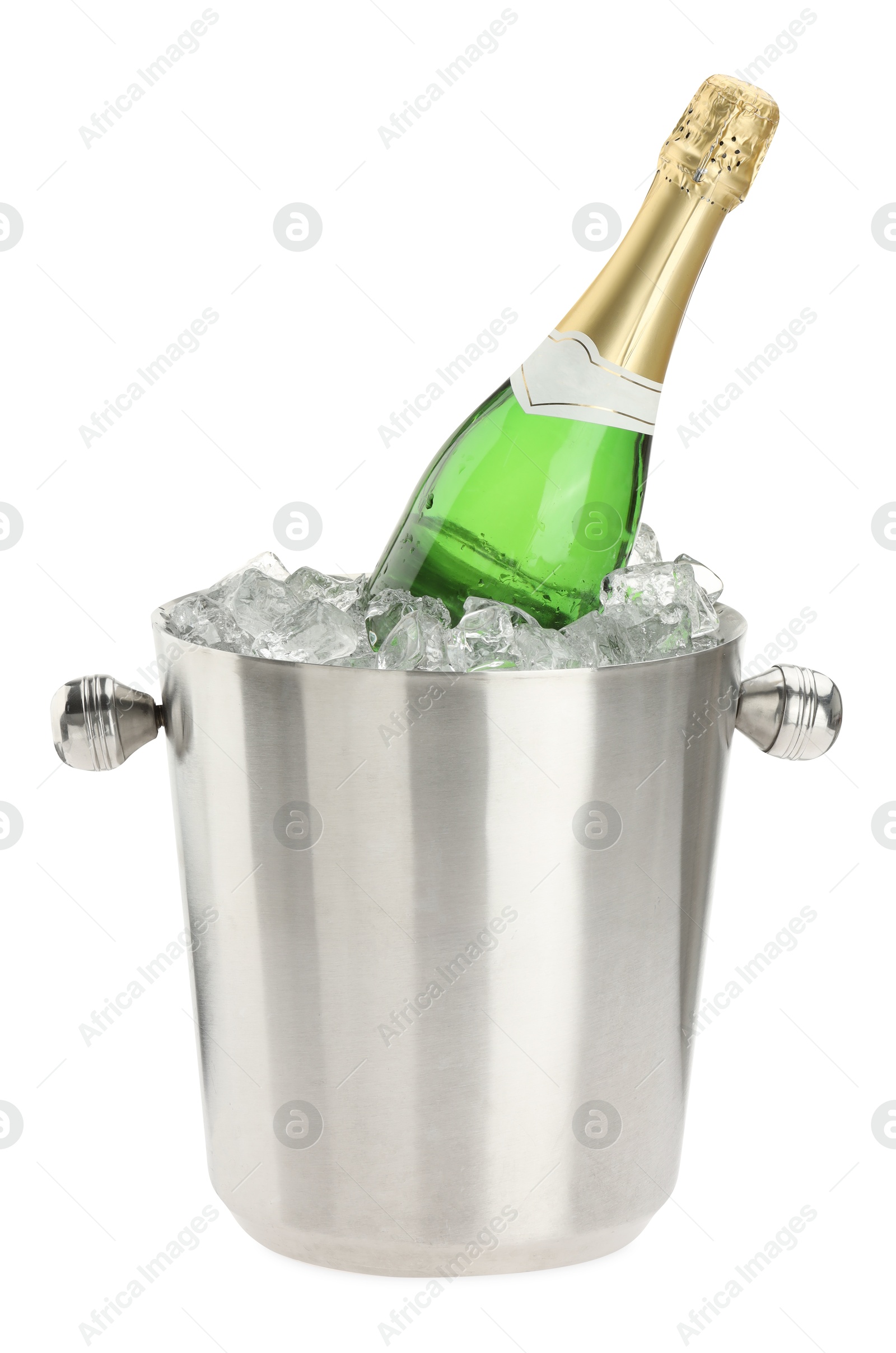 Photo of Bottle of champagne in ice bucket isolated on white