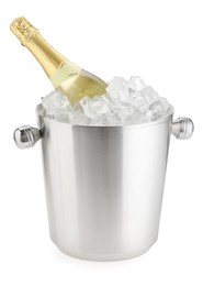 Photo of Bottle of champagne in ice bucket isolated on white