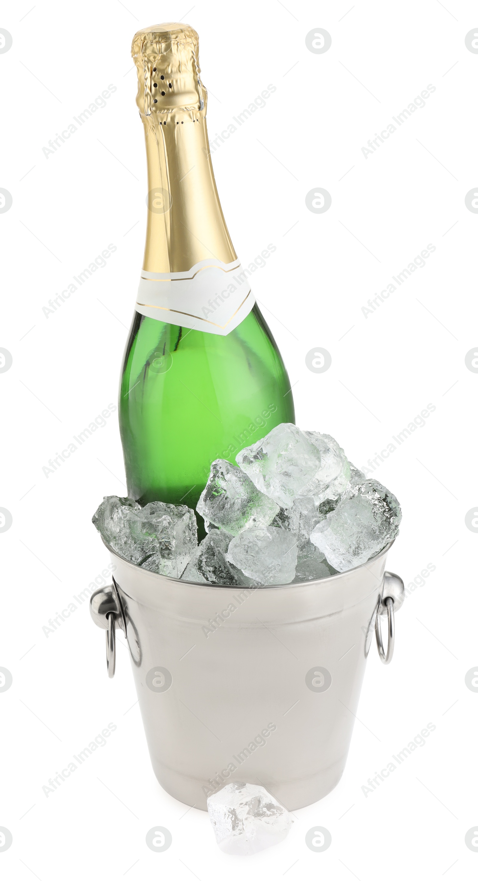 Photo of Bottle of champagne in ice bucket isolated on white