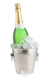 Bottle of champagne in ice bucket isolated on white