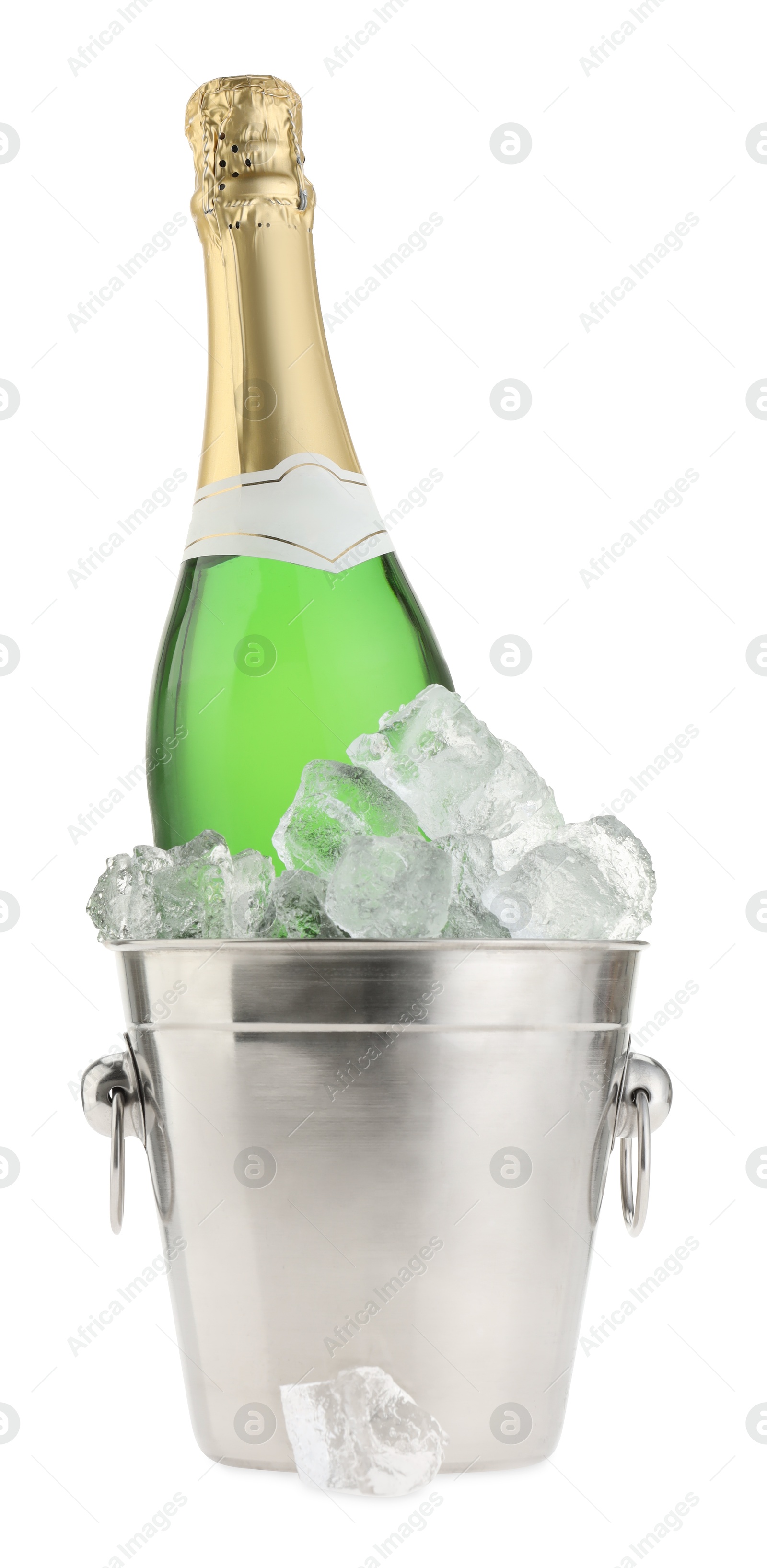 Photo of Bottle of champagne in ice bucket isolated on white