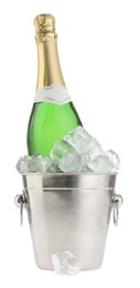 Photo of Bottle of champagne in ice bucket isolated on white