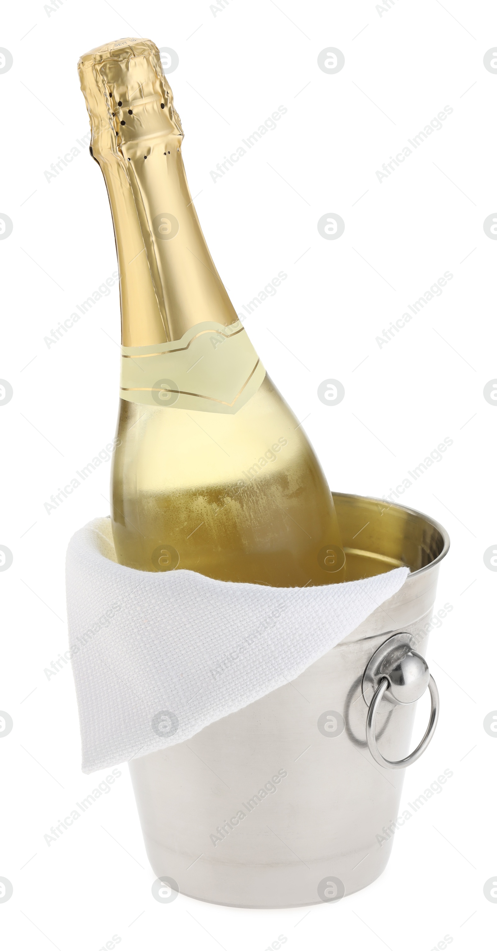 Photo of Bottle of champagne in ice bucket isolated on white