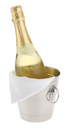 Photo of Bottle of champagne in ice bucket isolated on white