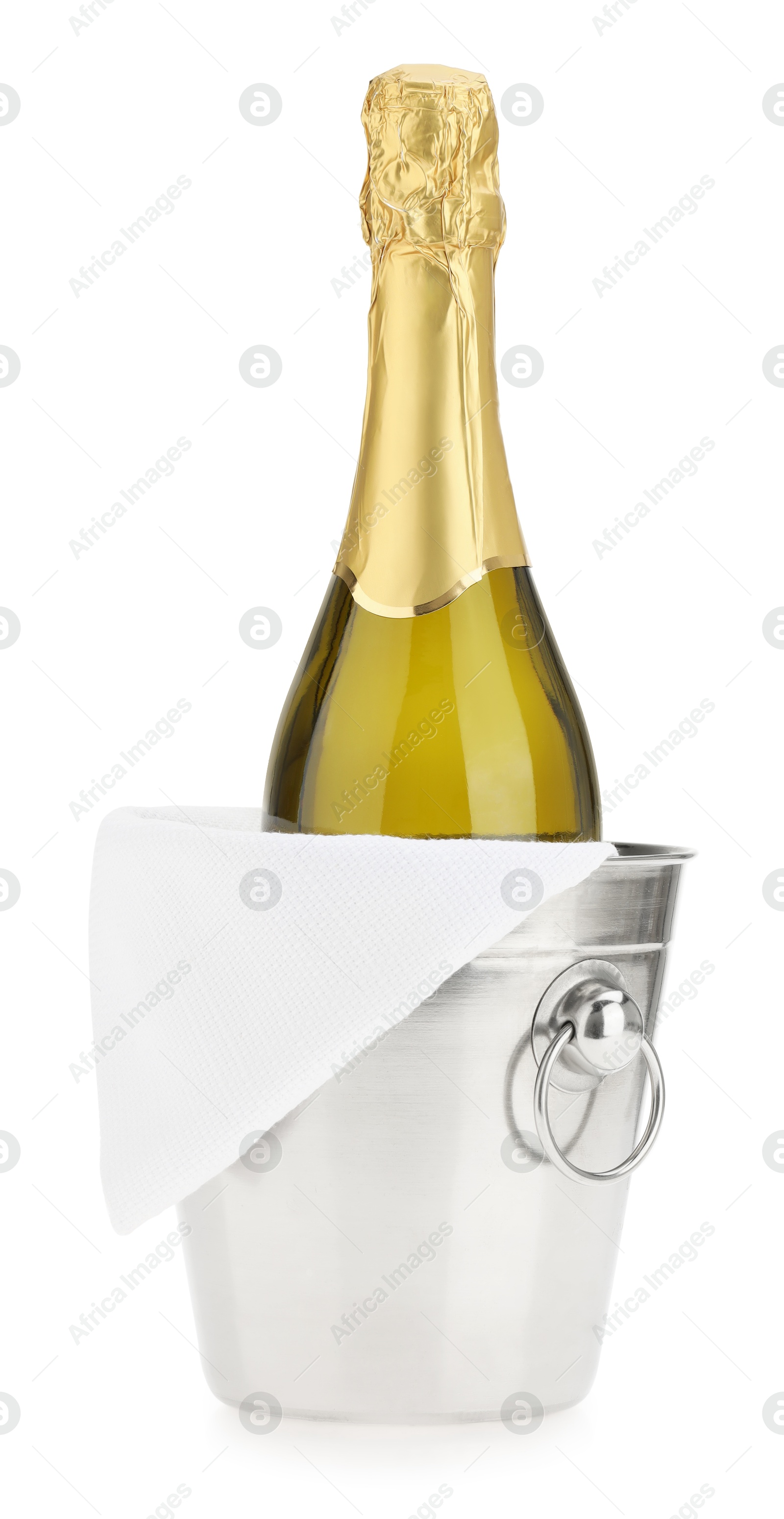 Photo of Bottle of champagne in ice bucket isolated on white