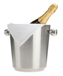 Bottle of champagne in ice bucket isolated on white