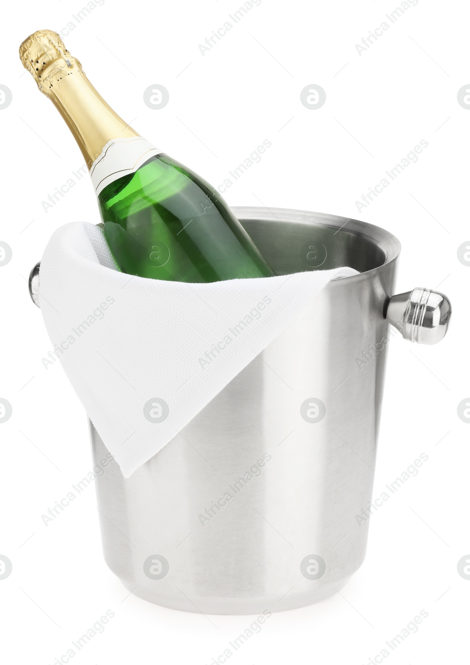 Photo of Bottle of champagne in ice bucket isolated on white