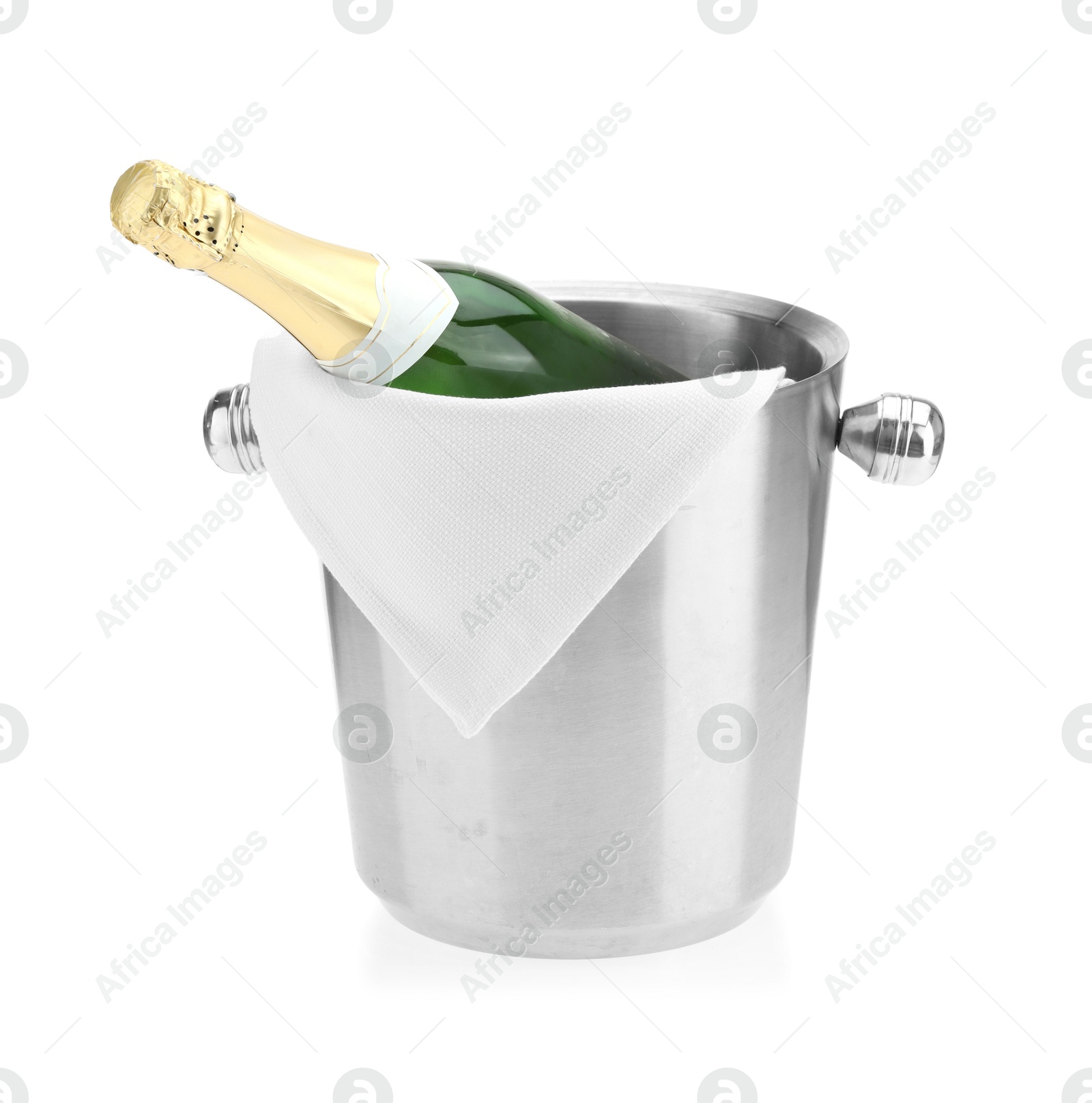 Photo of Bottle of champagne in ice bucket isolated on white