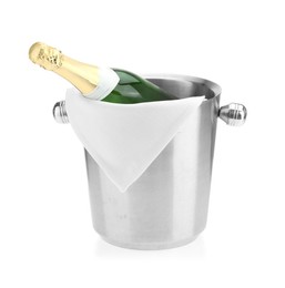 Bottle of champagne in ice bucket isolated on white